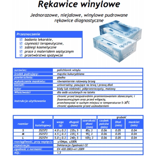 Rękawice winylowe pudrowane - specyfikacja